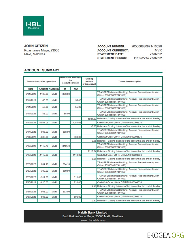 Relevé bancaire Maldives HBL